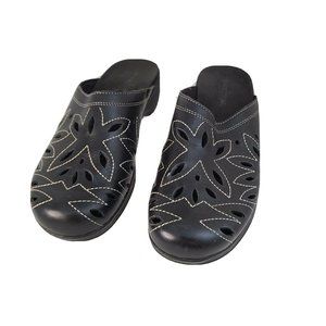 Women's Minnetonka Slide Clogs Black Leather Flats Mules‎ Loafers US Size 9